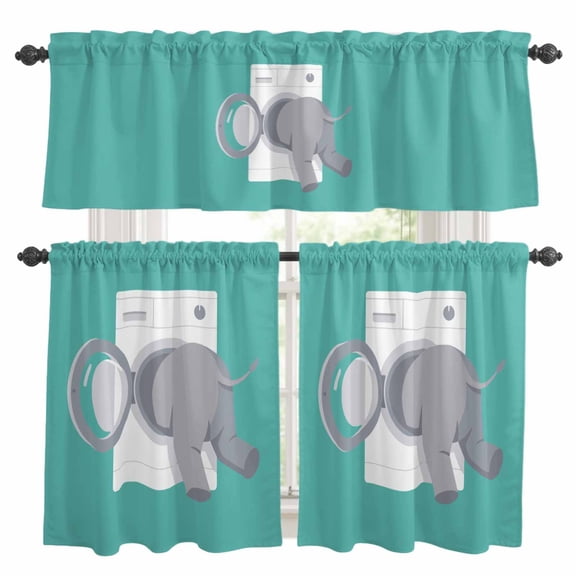 Funny Elephant Kitchen Curtains Set for Windows, Elephant's Butt White Washing Machine Farmhouse Curtains Valance and Tier 3 Piece Set Small Drapes 24 Inch Length for Kitchen Bedroom Decor