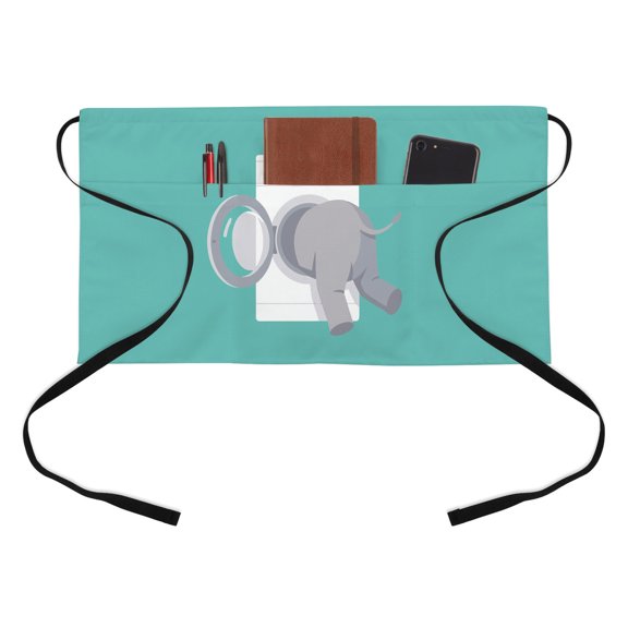 Funny Elephant Kitchen Restaurant Half Waist Apron, Elephant's Butt White Washing Machine Farmhouse Server Short Apron with 3 Pockets Waterproof Oil Waist Aprons for Women Waitress Waiter