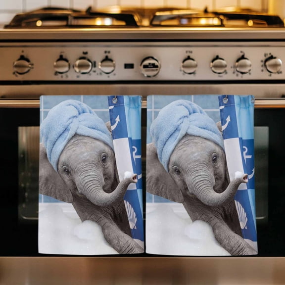 Funny Elephant Kitchen Towels Set of 1, Cute Art Modern Lovely Animals on Showering Absorbent Dish Towels for Kitchen, Microfiber Hand Towel, Quick Drying Tea Towel for Cleaning Decorative Dishcloths