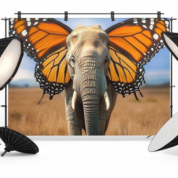 Funny Elephant Photography Backdrop 7x5FT, Elephant with Butterfly Ears Grassland Photo Backdrops, Background for Photography Studio Photo Studio Background, Back Drop for Photoshoot