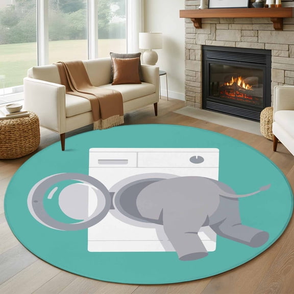 Funny Elephant Round Rugs for Living Room 7ft Elephant's Butt White Washing Machine Farmhouse Non Slip Circle Rug Washable Low-Profile Indoor Carpet for Bedroom, Dining Room, Bathroom