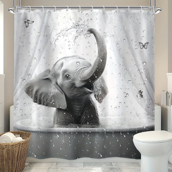 Funny Elephant Shower Curtain, Cartoon Animal Bath Theme Bathroom Decor, 70x70 Inch