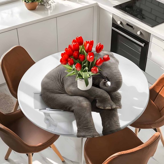 Funny Elephant on Toilets Round Fitted Tablecloth with Elastic Edge,Waterproof Table Cloth Fits Tables 36"-44",Wipeable Washable Table Cover for Indoor Outdoor Dinning Party,Abstract Animal Pattern