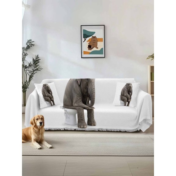 Funny Elephants Couch Cover for 2 Cushion Sofa, Cute Art Fun Lovely Animals on Toilets Washable Loveseat Sofa Covers Slipcover for Sectional Sofas L-Shaped, Couch Throw Cover 71"x118"