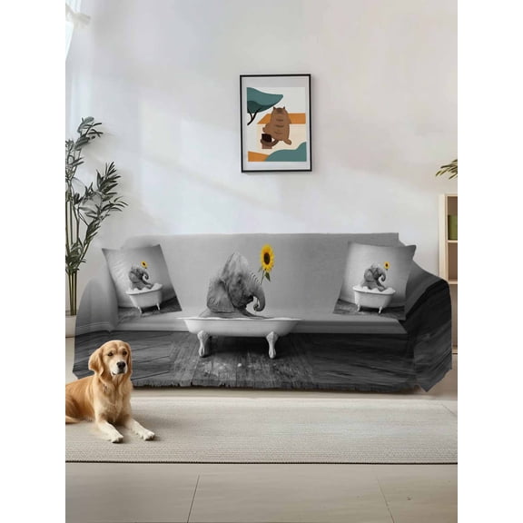 Funny Elephants Couch Cover, Cute Art Vintage Lovely Animals on Bathtub Oversized Sofa Cover Blanket for 3 Cushion Couch, Sectional Sofa Slipcover Protector for Living Room Bedroom 71''x150''