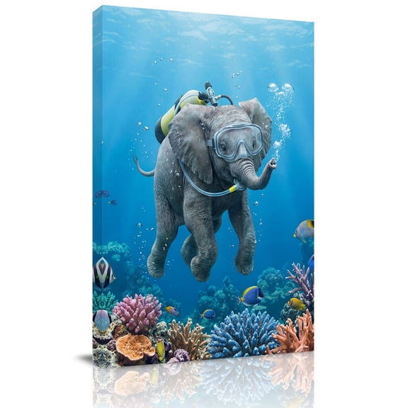 Funny Elephants Diving Canvas Wall Art for Living Room, Seafloor Corals Fish Oceans Modern Wall Decor Framed Artwork Pictures Ready to Hang for Bedroom Office Home Decor