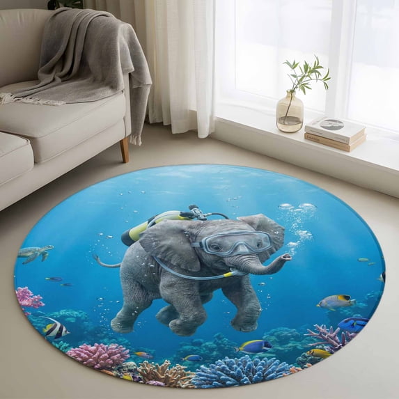 Funny Elephants Diving Round Living Room Rugs 3.3 ft, Seafloor Corals Fish Oceans Modern Washable Area Rug with Non-Slip Sturdy Edge Binding Round Front Door Mat Floor Carpet for Entryway