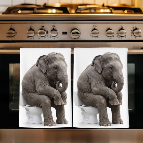 Funny Elephants Kitchen Towels Set of 1, Cute Art Fun Lovely Animals on Toilets Absorbent Dish Towels for Kitchen, Microfiber Hand Towel, Quick Drying Tea Towel for Cleaning Decorative Dishcloths