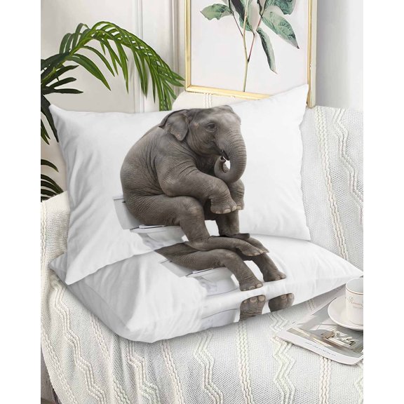 Funny Elephants Queen Pillow Cases Set of 2 - Microfiber Bed Throw Pillow Covers, Cute Art Fun Lovely Animals on Toilets Decorative Lumbar Pillow Cover with Envelope Closure for Sofa/Travel 20"x30"