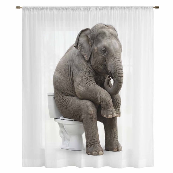 Funny Elephants Sheer Curtains 45 Inches Long, Cute Art Fun Lovely Animals on Toilets Light Filering Curtains, Breathable Simi Curtain Privacy Drapes for Kitchen Bathroom Small Window Treatment