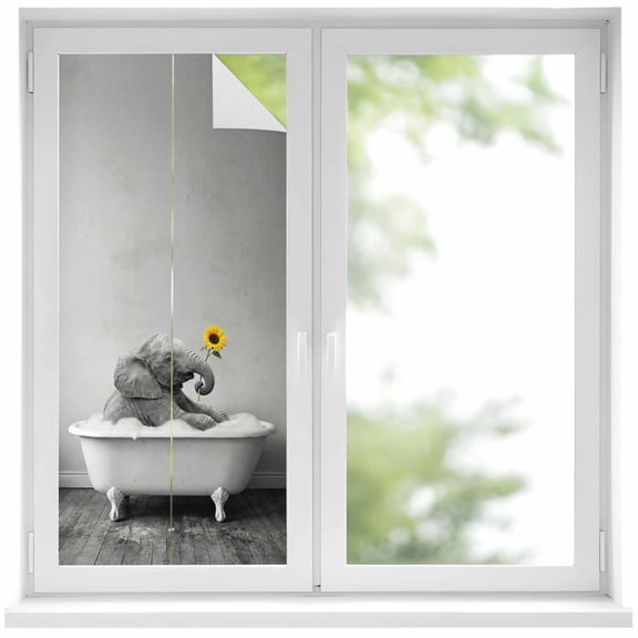 Funny Elephants Window Privacy Film, Cute Art Vintage Lovely Animals on Bathtub Static Cling UV Sun Blocking Heat Control Window Tint Day and Night, Non-Adhesive One Way Privacy Cover 17.7''x39.3''