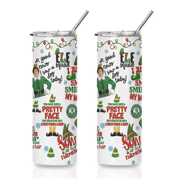 Funny Elf Christmas Stainless Steel Insulated Skinny Tumbler with Straw, Holiday Quotes & Elf Squad Design Coffee Cup Gift