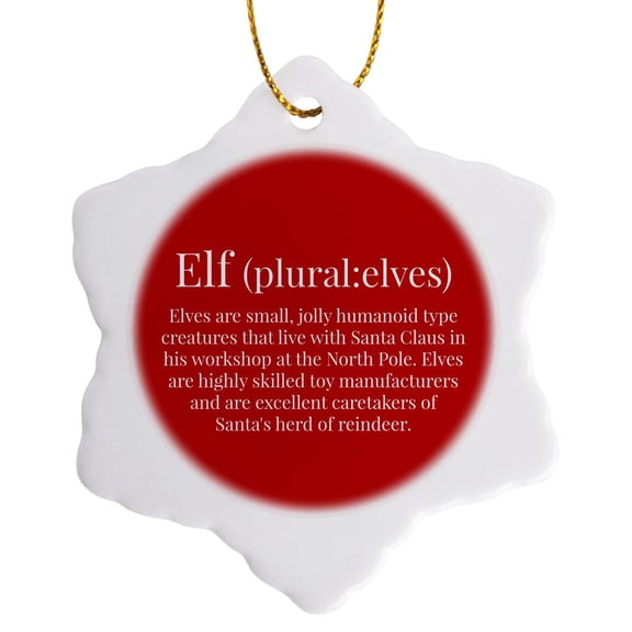3drose, Funny Elf Definition on Red Background, 3 inch Snowflake Porcelain Ornament
