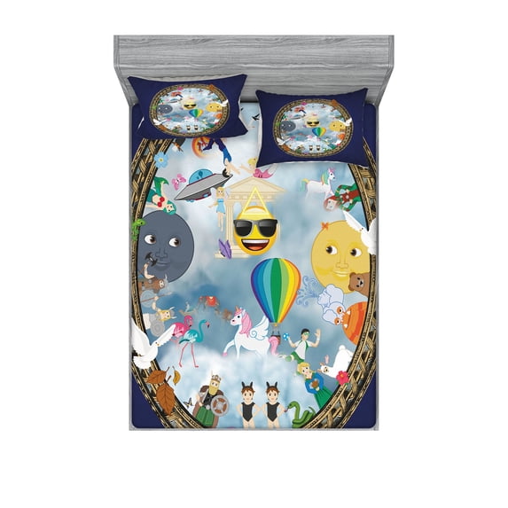 Funny Emoji Fitted Sheet & Pillow Sham Set, Modern Art Jumble Composition of UFO Moon Sun Birds Unicorns, Decorative Printed 3 Piece Bedding Decor, Full, Dark Lavender and Multicolor, by Ambesonne