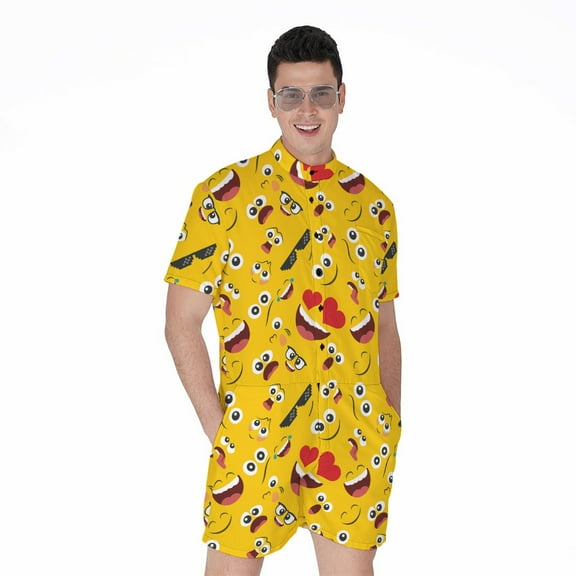 Funny Emoji Pattern Short Sleeve Men'S Rompers Casual Summer Jumpsuits Outfit