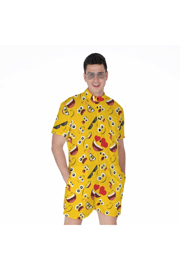 Funny Emoji Pattern Short Sleeve Men'S Rompers Casual Summer Jumpsuits Outfit
