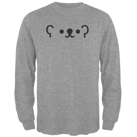 Funny Emojicon Bear Heather Grey Adult Long Sleeve T-Shirt - Medium