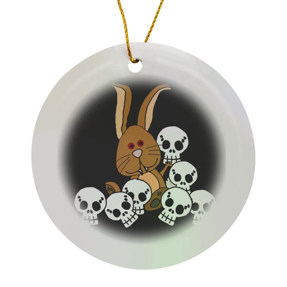 3drose, Funny Evil Bunny Rabbit Vampire Surrounded by Skulls Satire, Circle Porcelain Ornament
