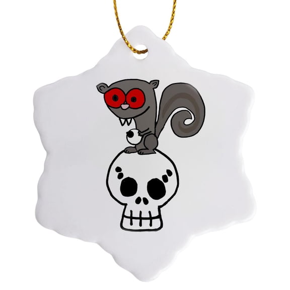 3drose, Funny Evil Squirrel Vampire with Red Eyes Sitting on Skull, 3 inch Snowflake Porcelain Ornament