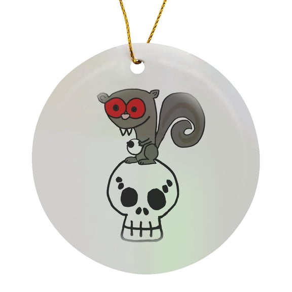 3drose, Funny Evil Squirrel Vampire with Red Eyes Sitting on Skull, Circle Porcelain Ornament