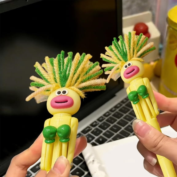 Funny Exploding Hair Ballpoint Pen with Punching Arms for Stress Relief, Fun Gift for Students and Quirky Birthday Celebrations Yellow