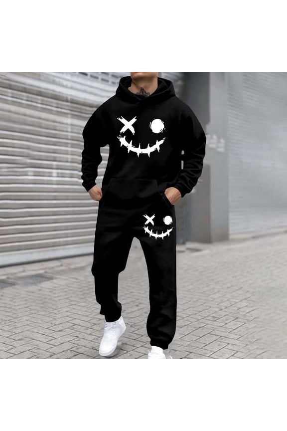 Funny Expression Abstract Graphic Print Hooded Sweatshirt And Jogger Casual Unisex Pullover Tracksuit With Pockets