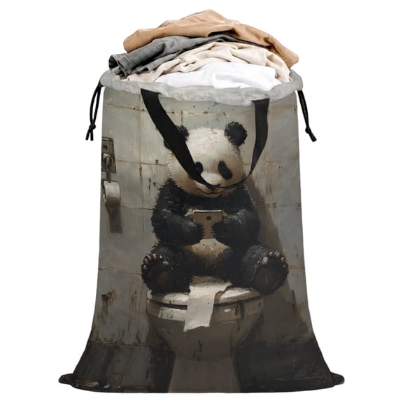 Funny Extra Large Laundry Bag 25"x38" Panda Sitting on Toilet Panda Playing Phone Laundry Storage Bags with Handles & Drawstring Closure, Dirty Clothes Hamper Organizer for College Dorm Travel