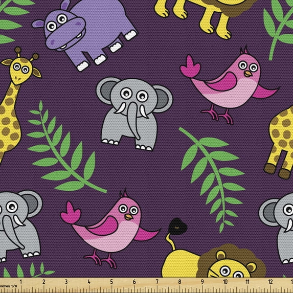 Ambesonne Funny Fabric by the Yard Upholstery, Funny Cartoon Animals, 10 Yards, Multicolor