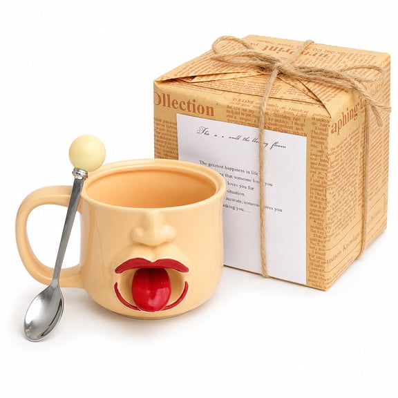 Funny Face Ceramic Mug with Moving Tongue, 10.1 oz Novelty Coffee Cup with Spoon and Gift Box, Cute Gag Mug for Birthday, Christmas, White Elephant and Office Gifts
