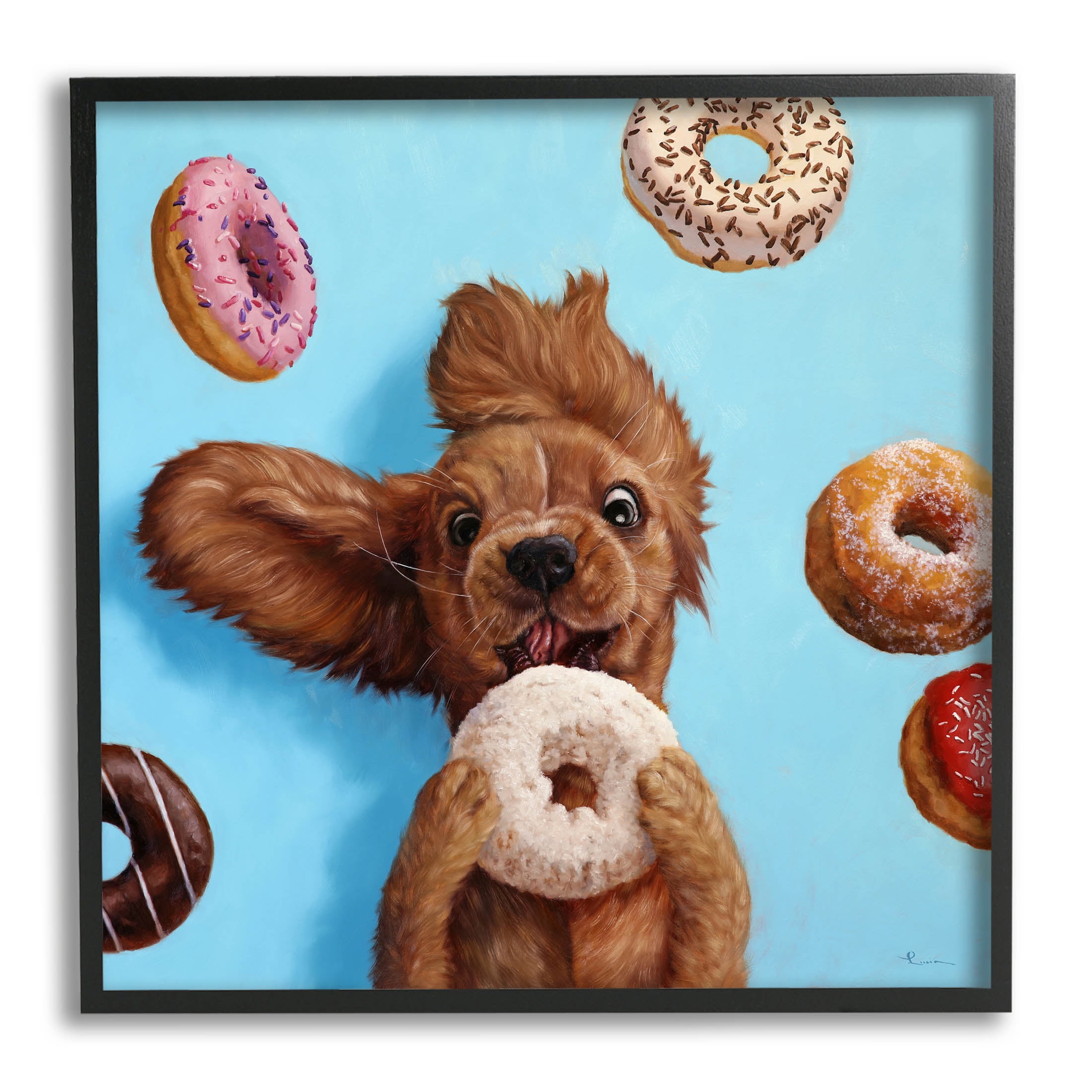 Funny Face Dog Licking Donut Animals & Insects Painting Black Framed Art Print Wall Art
