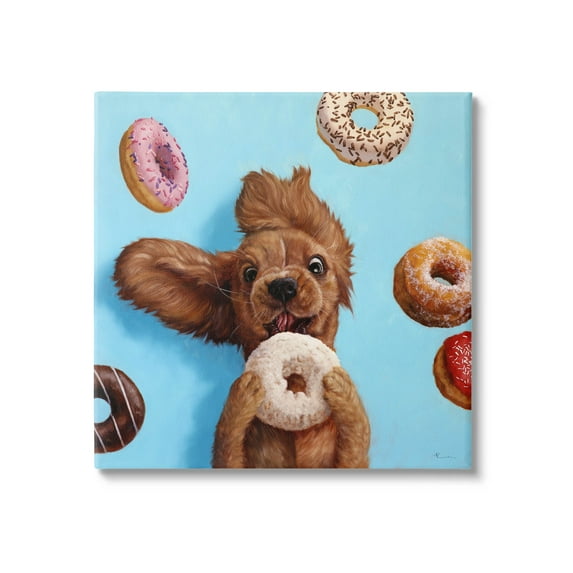 Funny Face Dog Licking Donut Animals & Insects Painting Gallery Wrapped Canvas Print Wall Art