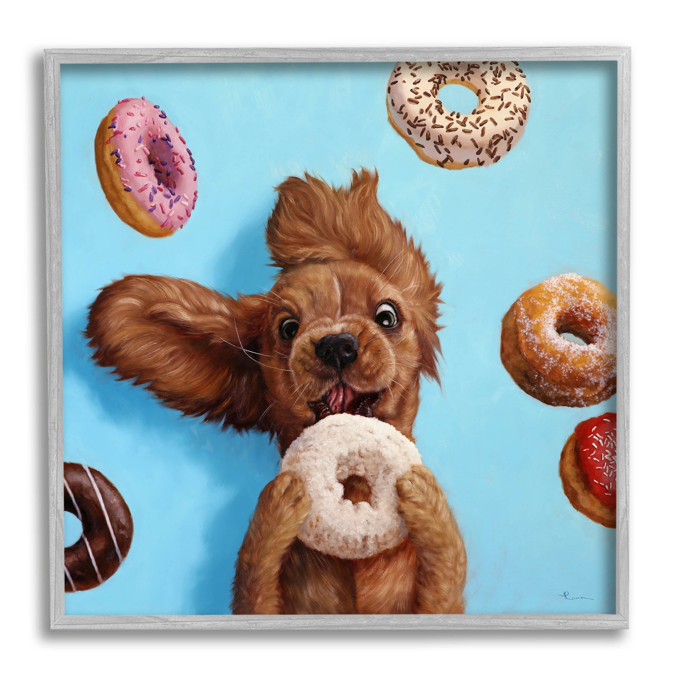 Funny Face Dog Licking Donut Animals & Insects Painting Gray Framed Art Print Wall Art