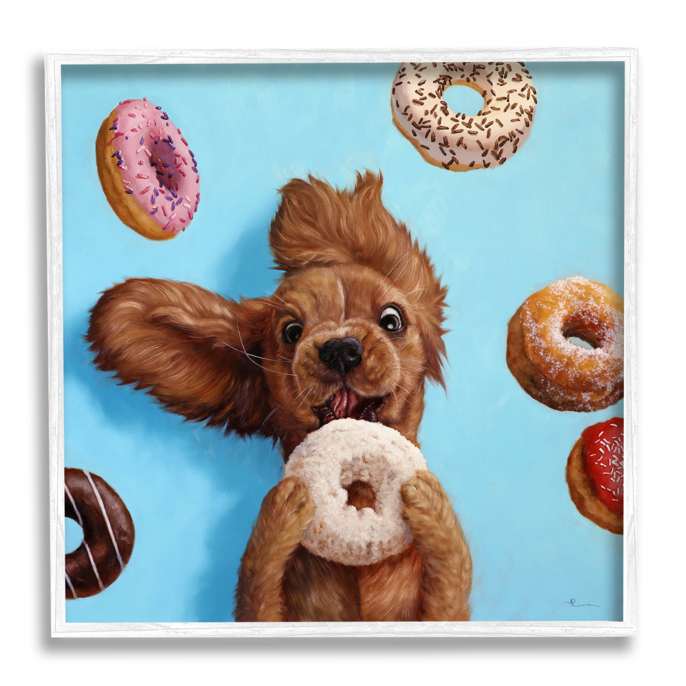 Funny Face Dog Licking Donut Animals & Insects Painting White Framed Art Print Wall Art