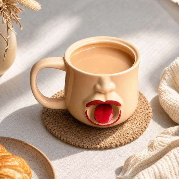 Funny Face Mug with Movable Shaking Tongue, Handmade Ceramic Novelty Coffee Mug with Food-Grade Ceramic Liner, 10oz Interactive Prank Cup, Rustic Artisan Drinkware, Gift for Friends & Family