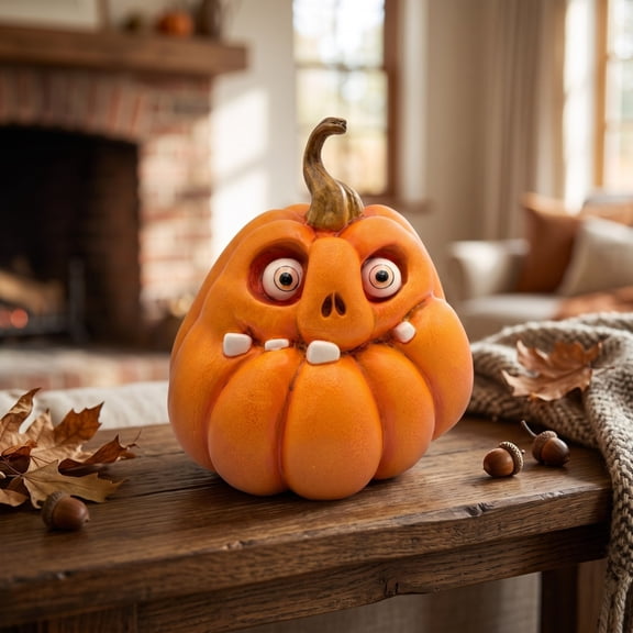 Funny Face Pumpkin Statue, Resin Crazy Eyed Pumpkin Figurine with Whimsical Expression, Halloween Fall Tabletop Decor for Home Mantel and Shelf