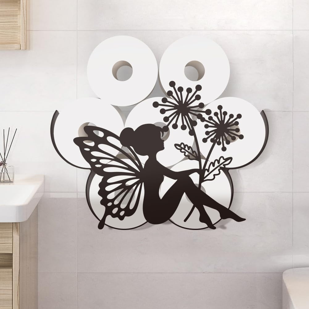Funny Fairy Metal Toilet Paper Holder Black Fairy Dandelion Decorative Metal Toilet Paper Storage for Extra 8 Rolls Funny Freestanding Elf