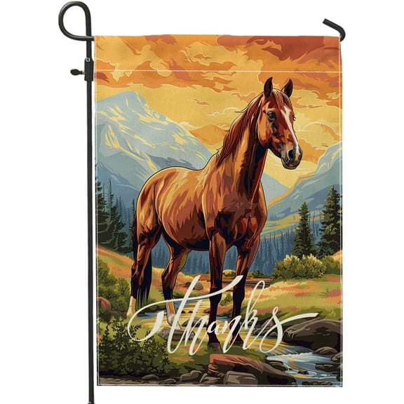Funny Fall Horse Garden Flag 12"x18" Double Sided Outdoor Decorative Autumn Sunset Mountain Burlap Lawn Flag for Yard and Garden