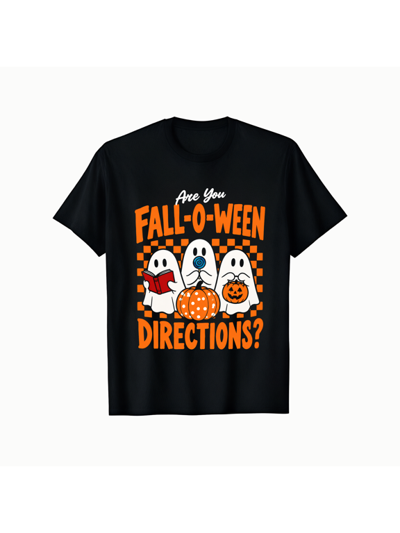 Funny Fall-O-Ween Directions Ghosts and Pumpkin Halloween Graphic Short Sleeve Crewneck Cotton Unisex T Shirt