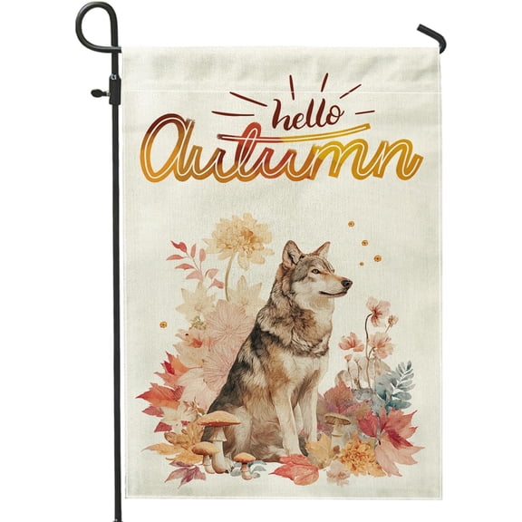 Funny Fall Watercolor Wolf Garden Flags 12x18 Inch Double Sided for Outside, Autumn Maple Leaves Mushroom Standard Canvas Outdoor Flags, Fun Animal Front Yard Backyard Lawn Decoration
