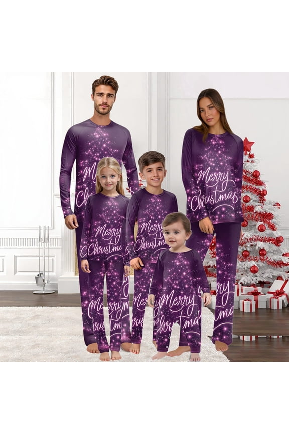 Funny Family Christmas Pajamas Matching Sets – Purple Long Sleeve Top & Pants with Glitter “Merry Christmas” Letter Print, Family Xmas Pjs Matching Set Holiday Outfit Sleepwear for Family & Adults