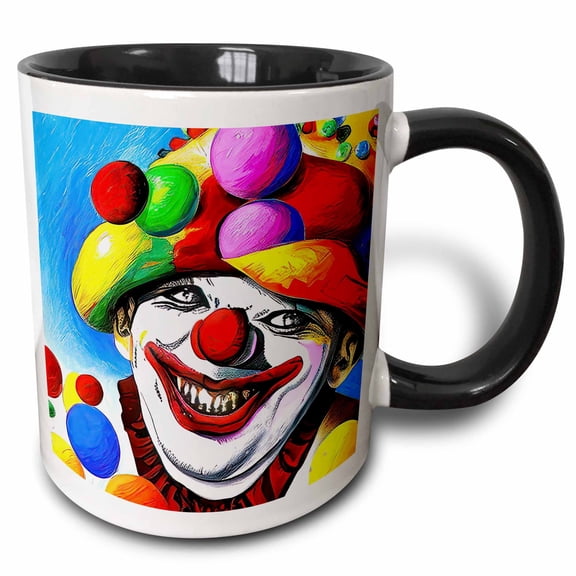 3drose, Funny Fantasy Clown in Colorful Hat with a Lot of Balls or Balloons, 11oz Two-tone Black Mug