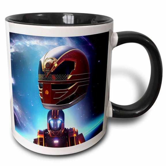 3drose, Funny Fantasy Robot in Space. Blue Planet, Stars. Digital Art for You, 11oz Two-tone Black Mug