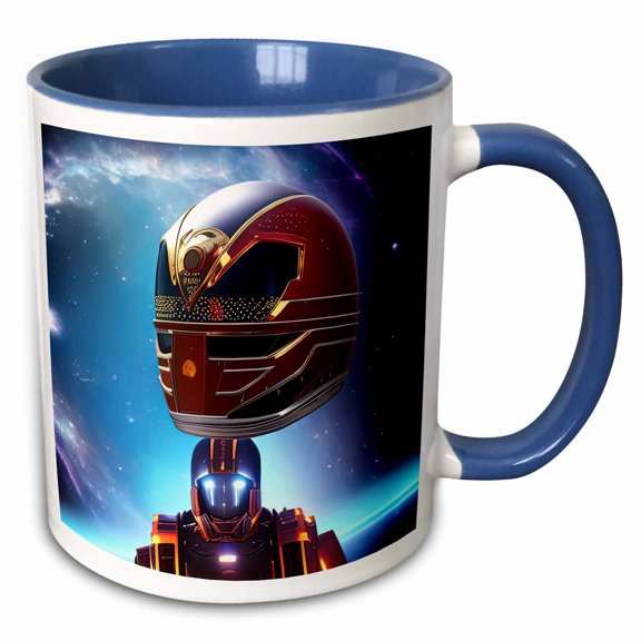 3drose, Funny Fantasy Robot in Space. Blue Planet, Stars. Digital Art for You, 11oz Two-tone Blue Mug