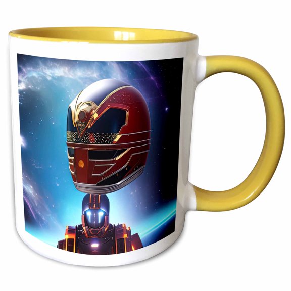 3drose, Funny Fantasy Robot in Space. Blue Planet, Stars. Digital Art for You, 11oz Two-tone Yellow Mug