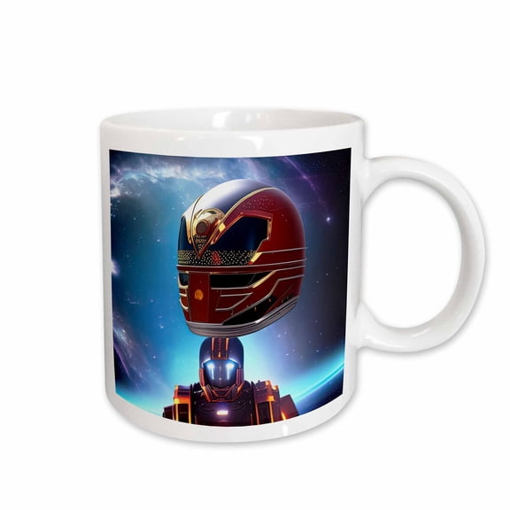 3drose, Funny Fantasy Robot in Space. Blue Planet, Stars. Digital Art for You, 15oz Mug