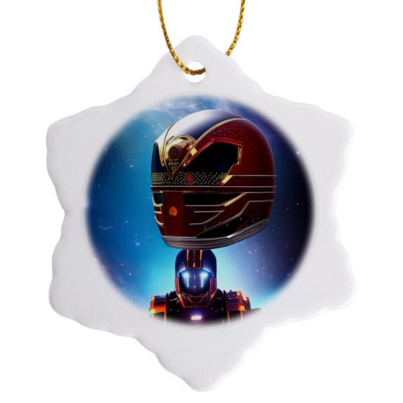 3drose, Funny Fantasy Robot in Space. Blue Planet, Stars. Digital Art for You, 3 inch Snowflake Porcelain Ornament