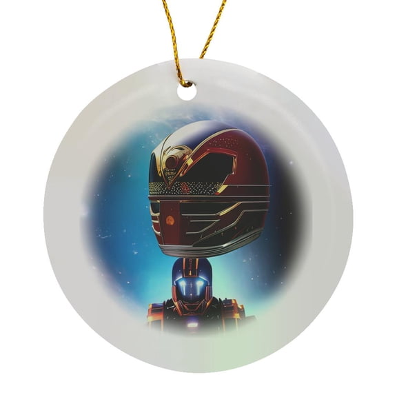 3drose, Funny Fantasy Robot in Space. Blue Planet, Stars. Digital Art for You, Circle Porcelain Ornament