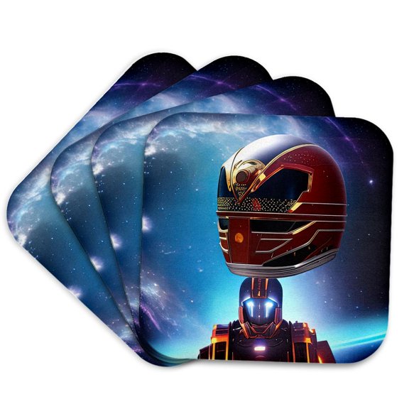 3drose, Funny Fantasy Robot in Space. Blue Planet, Stars. Digital Art for You, Set of 4 Coasters - Soft
