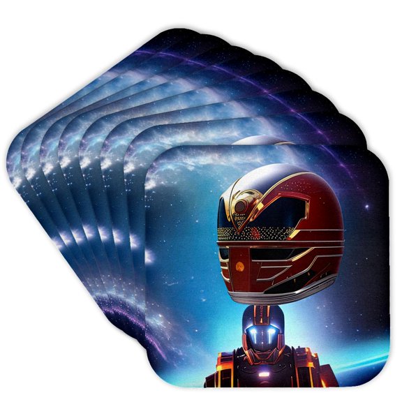 3drose, Funny Fantasy Robot in Space. Blue Planet, Stars. Digital Art for You, Set of 8 Coasters - Soft