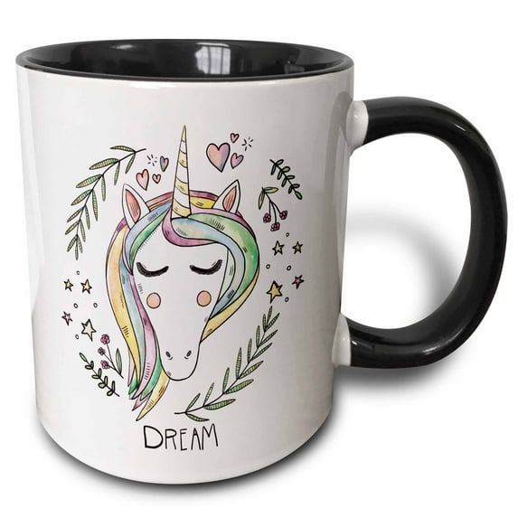 3drose, Funny Fantasy Unicorn with Floral Nature Dream, 11oz Two-tone Black Mug
